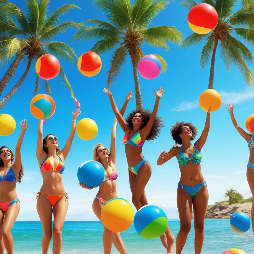 A vibrant beach scene with a diverse group of people joyfully wearing colorful swimwear, lounging under the sun, and splashing in the ocean waves. Include playful elements like beach balls, palm trees, and a bright blue sky. Emphasize the sense of happiness and freedom that swimwear brings, showcasing the fun and uplifting spirit of summer. super-realistic. vibrant colors. 3D.