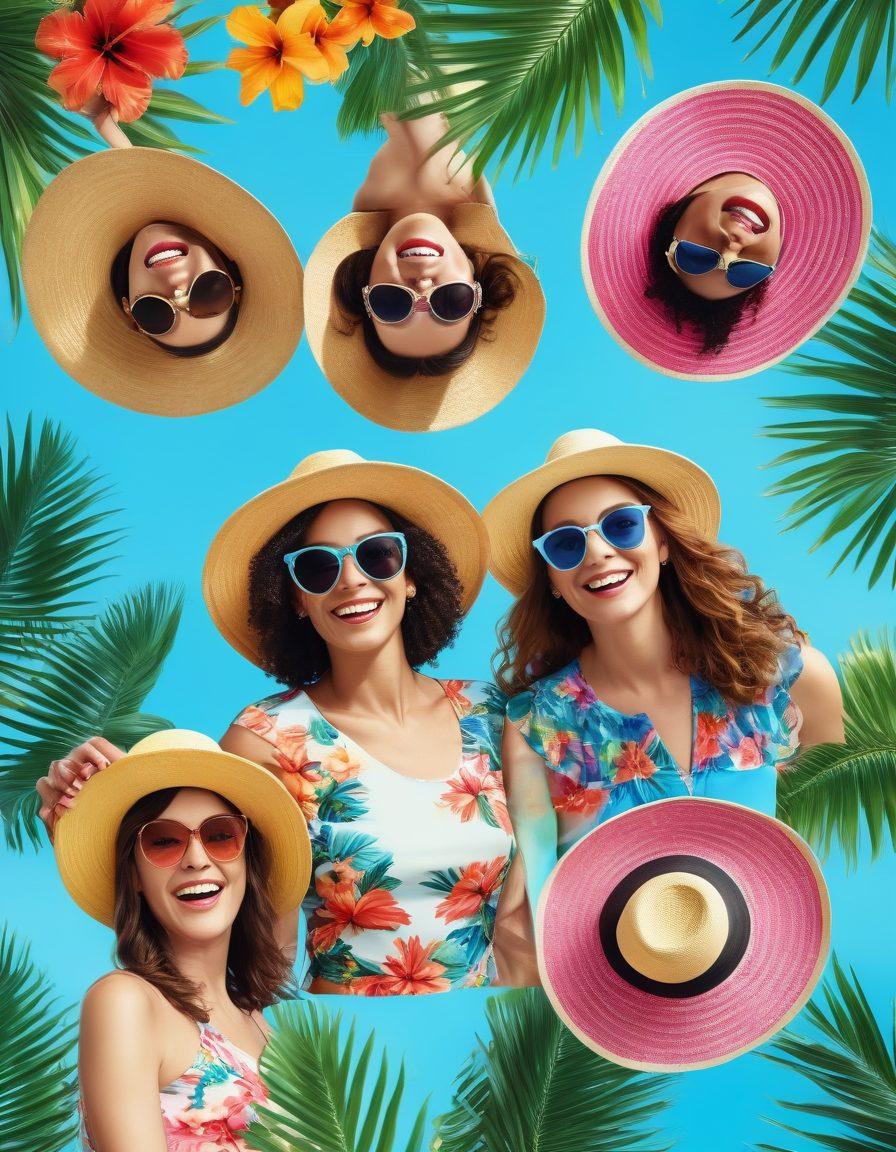 A vibrant tropical scene featuring a diverse group of people wearing colorful summer fashion essentials like floral prints, sunglasses, and beach hats, surrounded by palm trees, bright flowers, and a sunny beach backdrop. Incorporate elements of joy and happiness, such as laughter and playful interactions among friends, with a clear blue sky overhead. super-realistic. vibrant colors. sunny atmosphere.