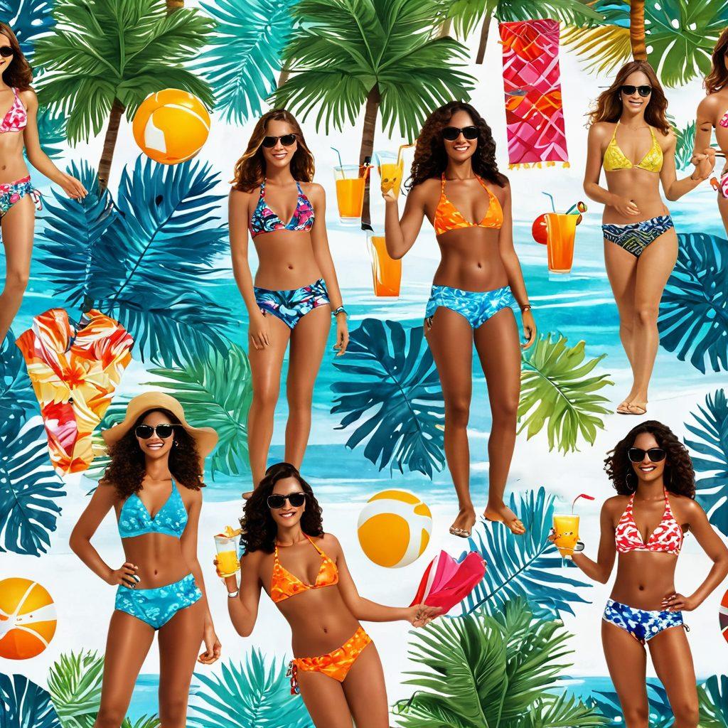 A vibrant beach scene showcasing various stylish beachwear outfits, featuring bold patterns and bright colors. Include happy individuals enjoying the sun, playing beach volleyball, and sipping tropical drinks. Incorporate elements like palm trees, beach towels, and sunglasses to enhance the summer vibe. The image should evoke feelings of joy, freedom, and fun in the sun. super-realistic. vibrant colors. 3D.